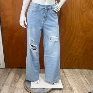 Shein Women's Relaxed Wide Leg Distressed Light Blue Jeans Size L